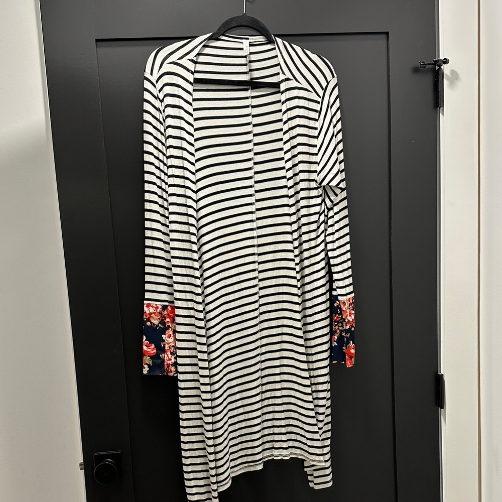 Magic Fit Black and White Striped Open Cardigan with Floral Cuffs
